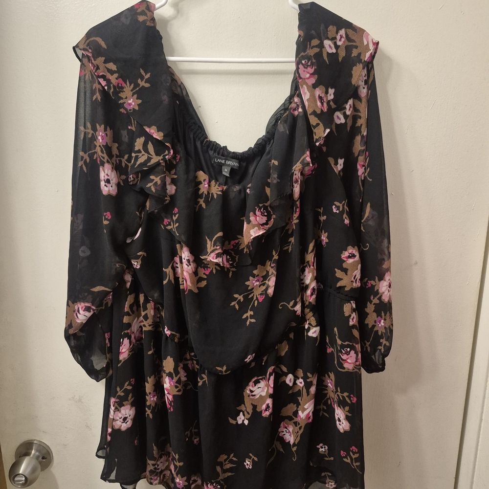 Lane Bryant Black Floral Ruffle Off The Shoulder Top with Pink & Brown Blooms
